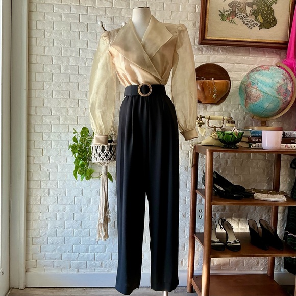 Vintage J.R. Nites by Caliendo Sheer Gold Puff Sleeve Jeweled Belted Jumpsuit - Picture 3 of 16